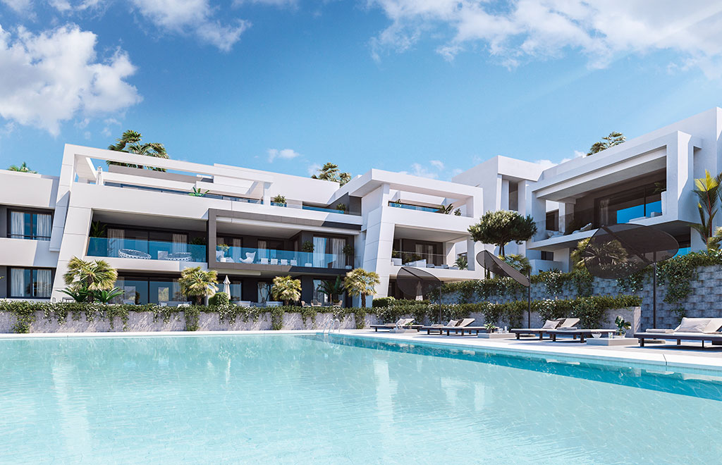 Vivienda en planta baja de 3 habitaciones con jardín privado y vistas al mar en Estepona