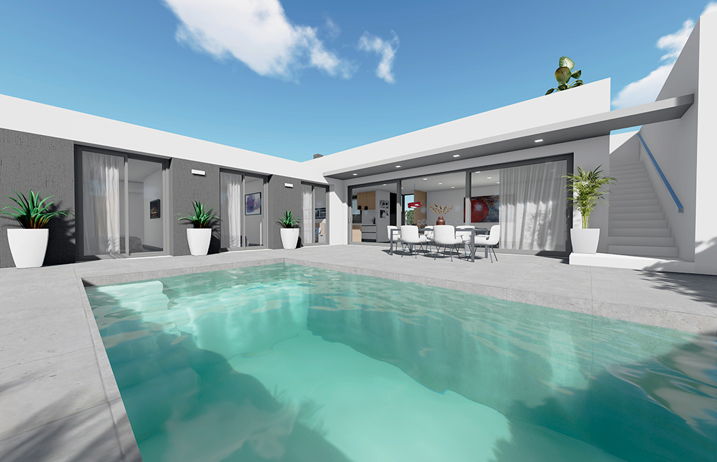Detached villas on one level with 3 bedrooms and private pool, 450m from the beach in San Juan de los Terreros