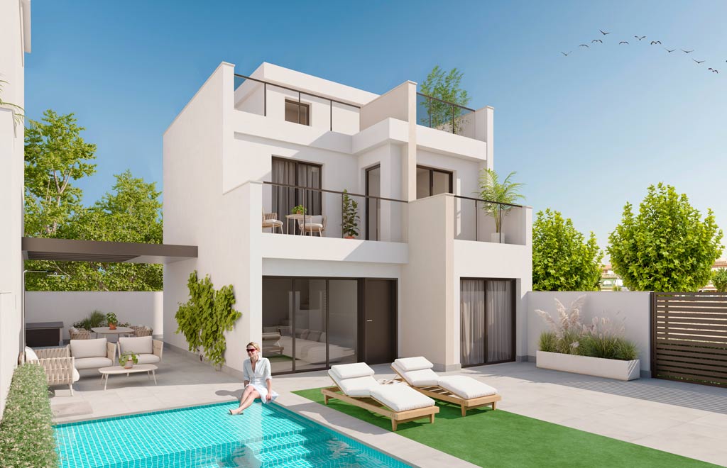 Modernos chalets con piscina privada a 200 metros de la playa en Los Alcázares