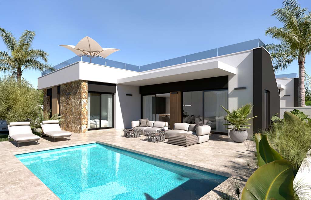 Chalet en una planta con 3 dormitorios, solárium y piscina privada en Ciudad Quesada