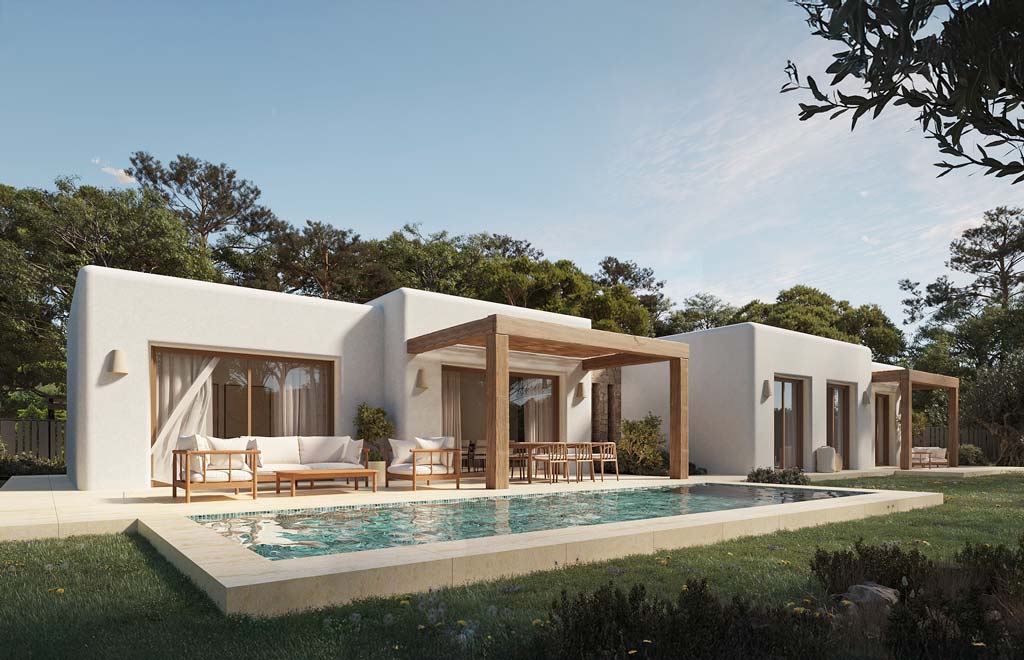 Exclusivas villas de estilo ibicenco de una sola planta con 3 dormitorios, a 800 m de la playa en Benissa