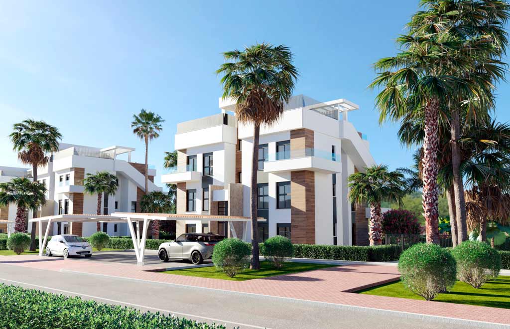 Modern apartments with views of the community pool in Hacienda del Álamo Golf Resort