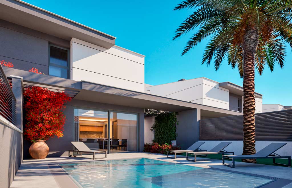 Semi-detached villas with 3 bedrooms, private pool, only 100m from the beach in Los Nietos