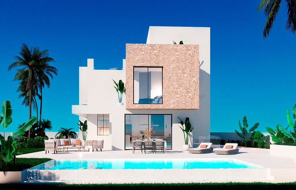 Modern villas in Finestrat with 3 bedrooms, rooftop terrace, basement and panoramic views