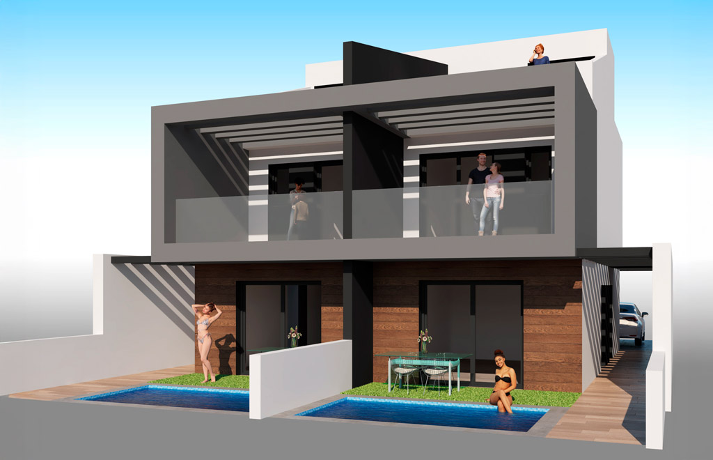 Semi-detached villa in Santiago de la Ribera with pool and rooftop terrace