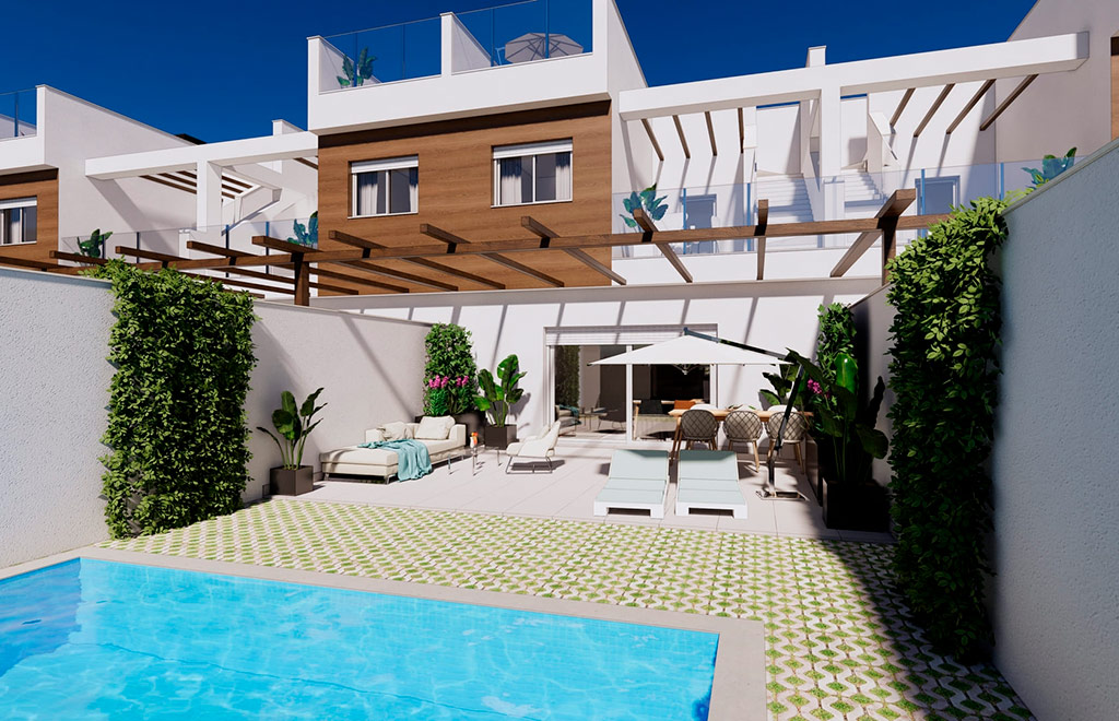 Frontline-golf terraced villas in Los Alcázares with solarium, basement, and pool