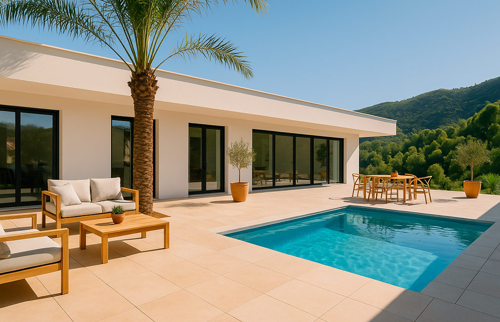 Villa en una planta con 3 dormitorios y vistas panorámicas al mar en Pedreguer