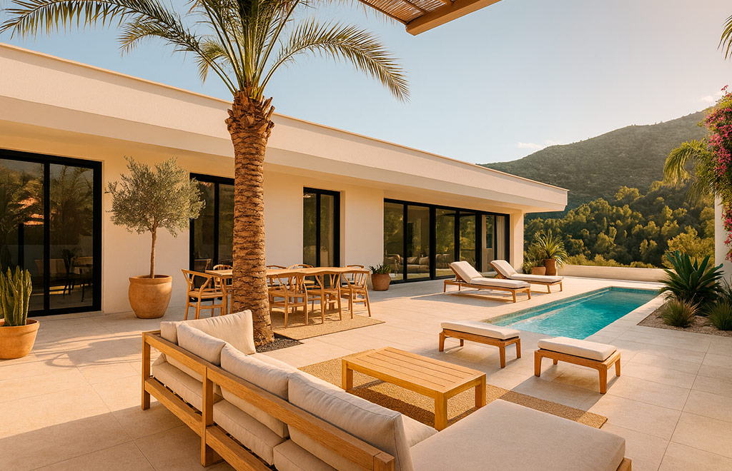 Villa en una planta con 3 dormitorios y piscina con vistas al mar en Pedreguer