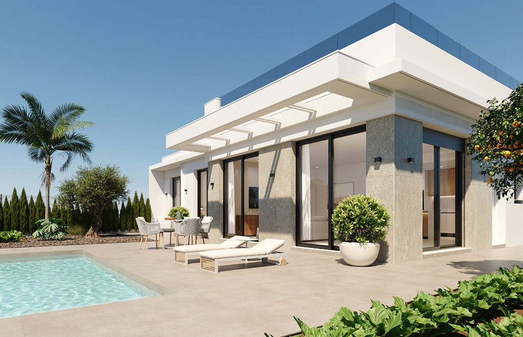 Villa on one level with 3 bedrooms, solarium, and pool in Hacienda del Álamo Golf Resort Murcia