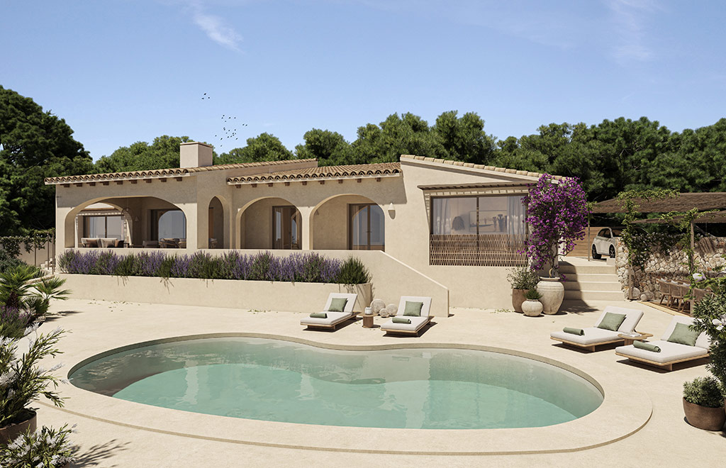 Villa de estilo rústico en una sola planta con 3 dormitorios y vistas al mar en Benissa