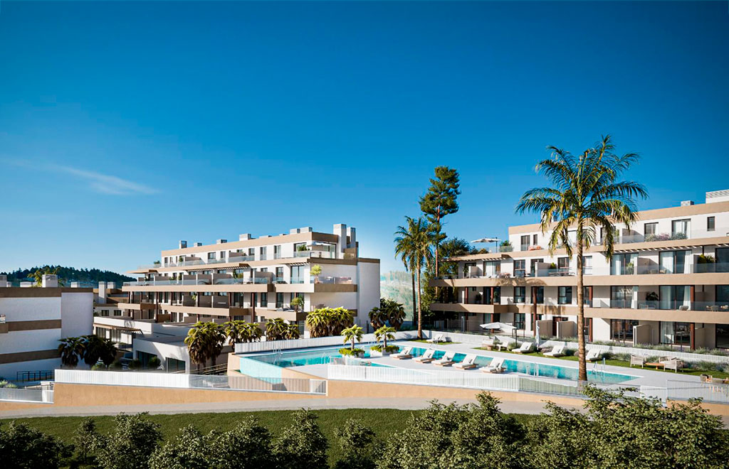 Ground-floor apartments with 2 bedrooms, private garden and sea views in Mijas Costa