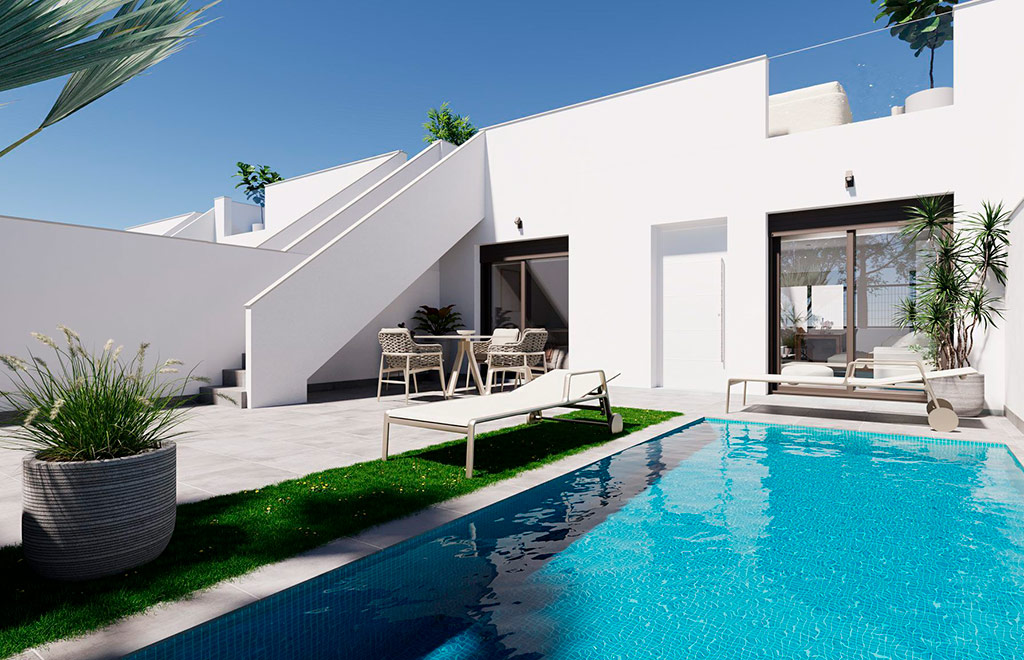Terraced villas on one level with 2 bedrooms and private pool in Torre Pacheco