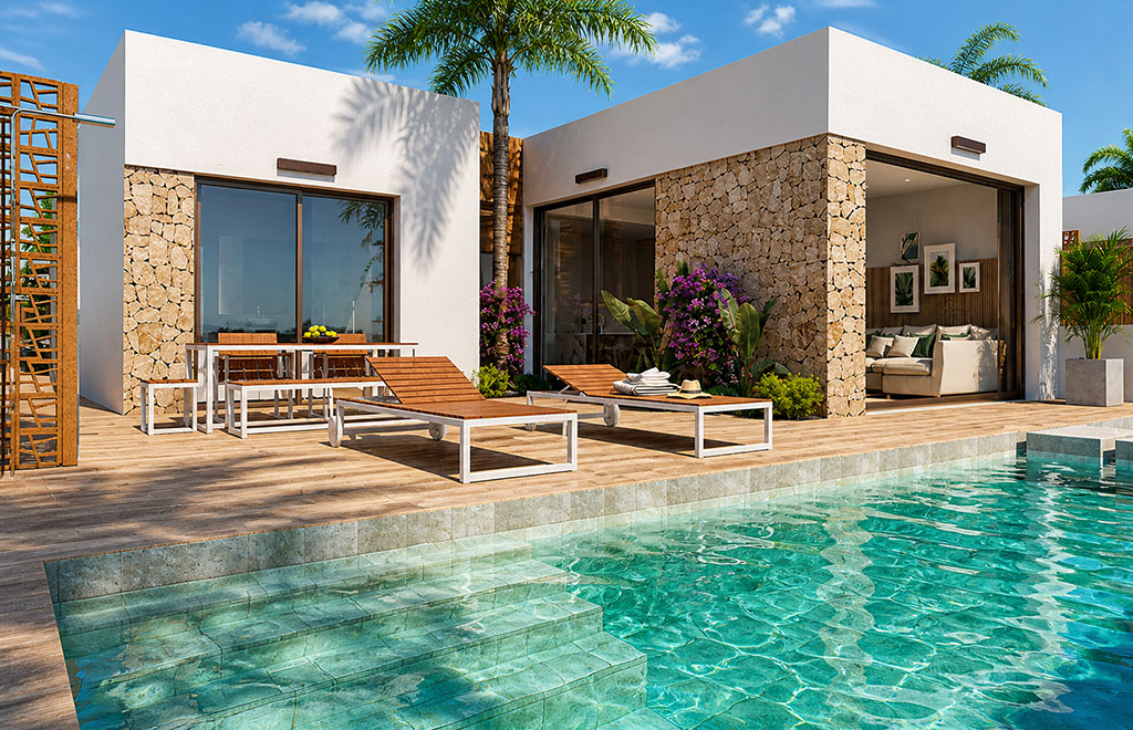 Frontline golf villas on one level with 3 bedrooms, private pool and sea views in La Serena Golf Resort