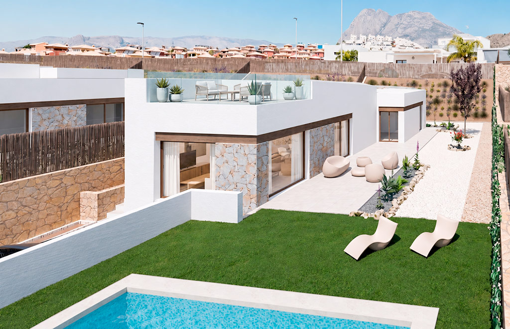 Villas on one level with 3 bedrooms, private solarium and sea views in Finestrat
