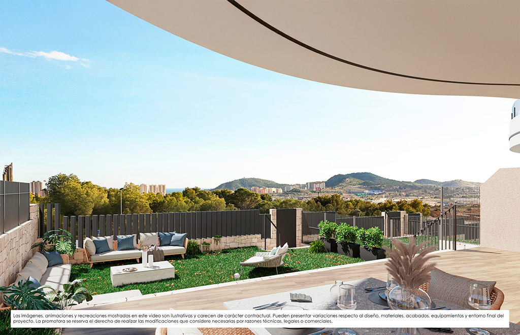 Ground-floor apartments with 3 bedrooms, private garden and sea views in Finestrat