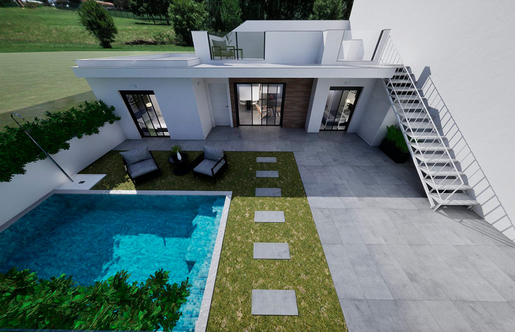 Quad-villa on one level with 3 bedrooms, solarium and private pool in Torre-Pacheco